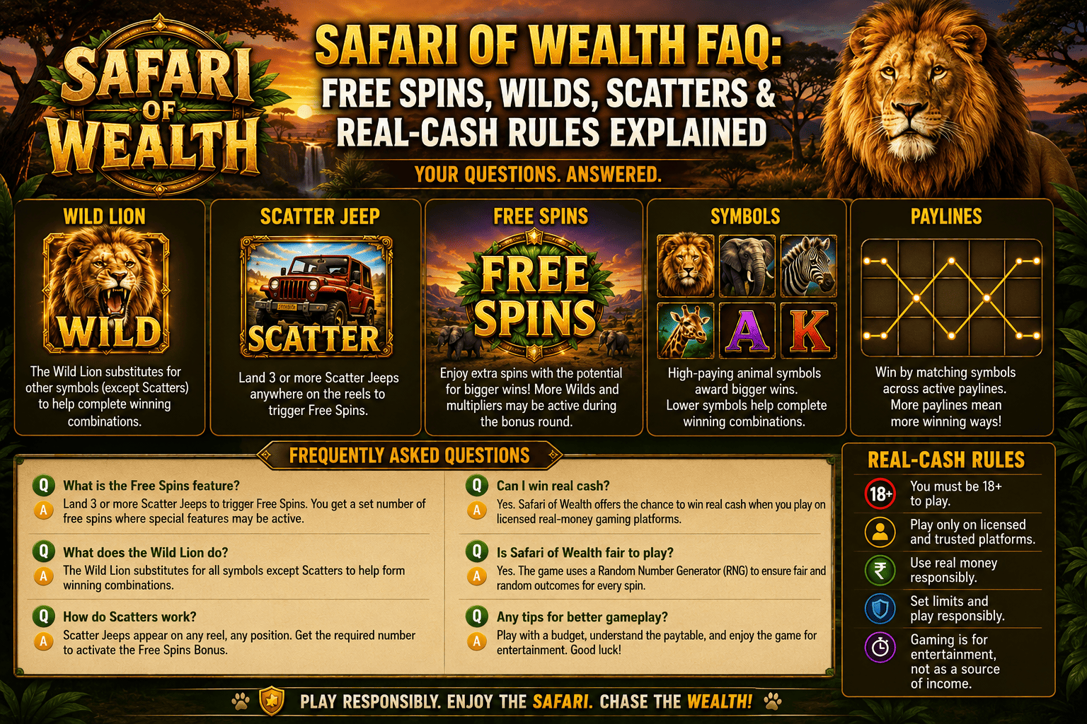 Safari of Wealth FAQ: Free Spins, Wilds, Scatters & Real-Cash Rules Explained
